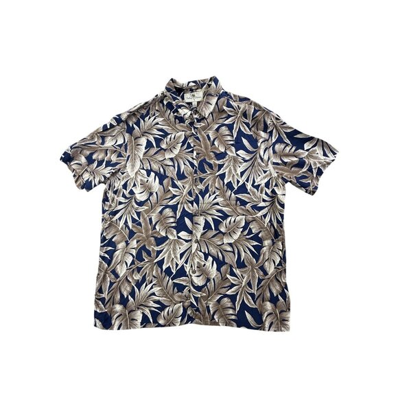Island Shores Shirt Mens Extra Large Blue Tan Hawaiian Button Up Floral Rayon - Picture 1 of 9
